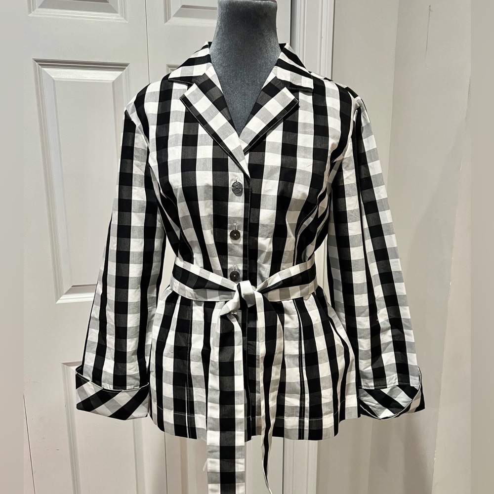 Kate Hill Black and White Plaid Belted Blazer